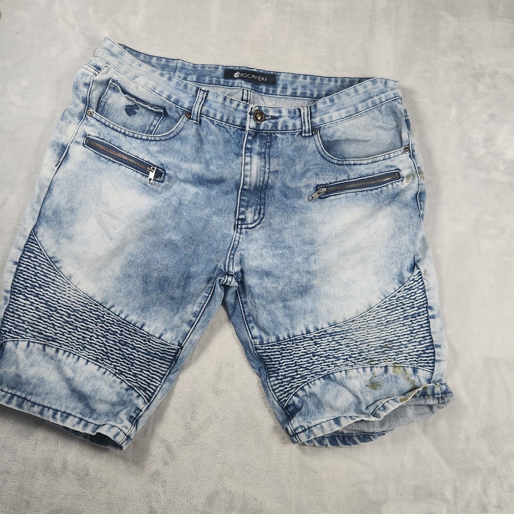 Rocawear Y2K Hip Hop Denim Shorts Mens 38 Blue Acid Wash Moto Ribbed Jean Shorts